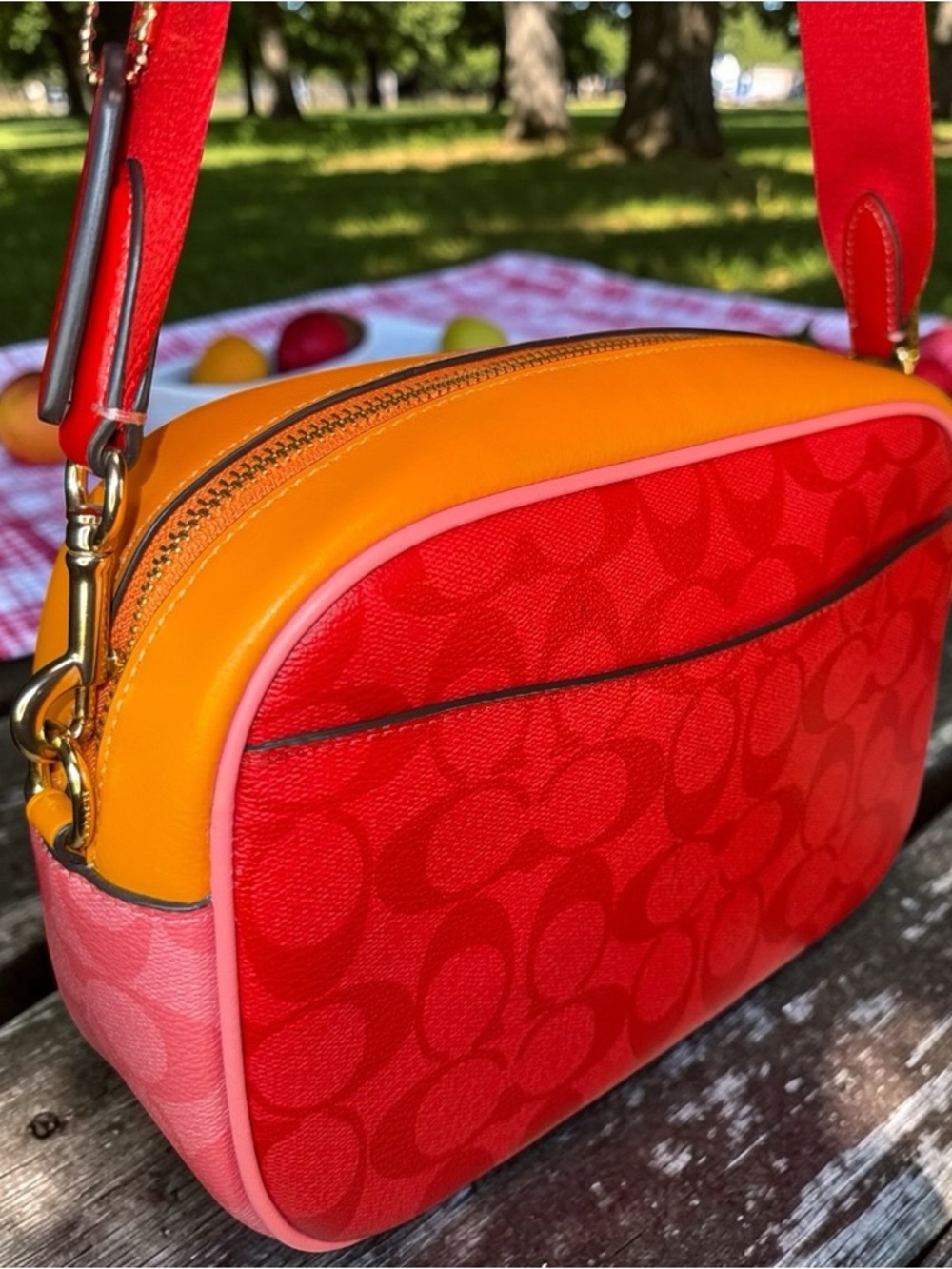 Coach Jamie Colorblock Signature Camera Crossbody Red Pink Orange Gold Hardware - Picture 11 of 12